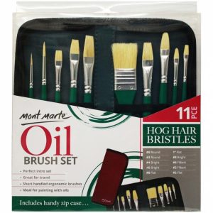 Mont Marte Hog Hair Bristle Paint Brush Set in Wallet Zipper 11pc