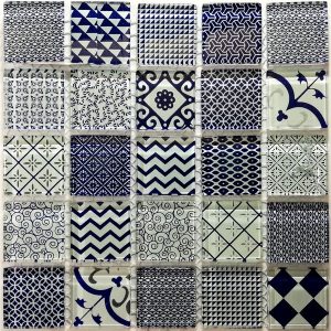 Delft Blue Crystal Glass Mosaic Tiles (Sheet Size 15x15cm)