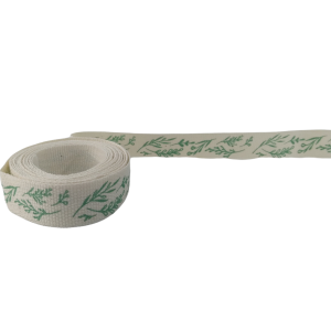 Green Leaf Pattern On Cream Ribbon 2mx15mm
