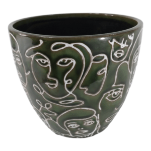 Extra Large White Faces On Green Ceramic Pot