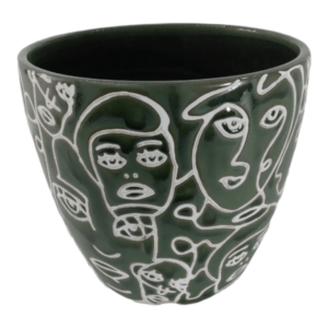 Medium White Faces On Green Ceramic Pot