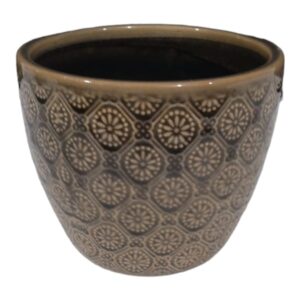 Small Grey/green Pot Cover With Flower Pattern
