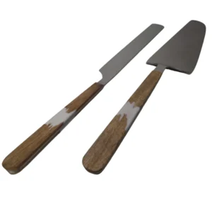 Cake Server & Knife Set Silver with Wooden Handles_BKP506_1