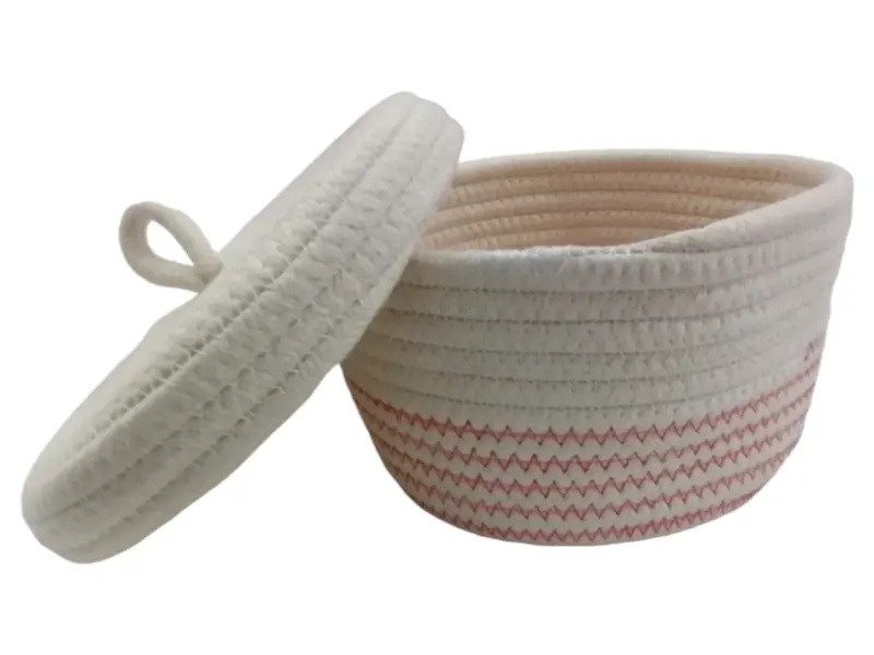 Cotton Basket with Lid _ Pink Stitching_ 10x17cm_AY03_3