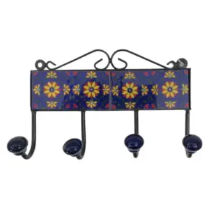 Wall Mounted 4 Hooks with Mosaic Tile | Navy Floral