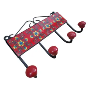 Wall Mounted 4 Hooks with Mosaic Tile | Red Floral