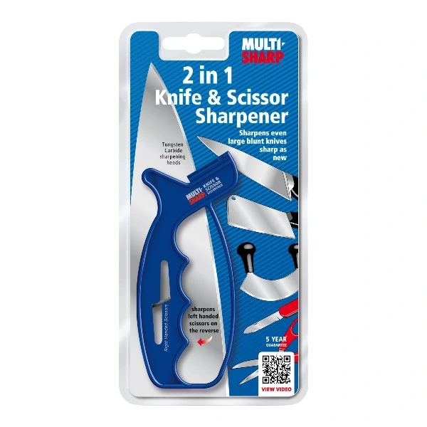The Multi-Sharp 2 In 1 Sharpener is a manual handheld tool designed for maintaining the sharpness of knives and scissors. It is equipped with tungsten carbide sharpening heads that can handle both large, blunt knives and left-handed scissors on the reverse side. The sharpener is also backed by a 5-year guarantee. Multi-Sharp 2 In 1 Sharpener Benefits and Features 2-in-1 Functionality: The sharpener can be used for both knives and scissors, which reduces the need for multiple tools. Tungsten Carbide Heads: These durable heads are capable of sharpening even very blunt knives, making them "sharp as new". Ambidextrous Design: The sharpener can be used to sharpen right-handed scissors and, on its reverse side, left-handed scissors. Ergonomic Handle: The design provides a comfortable and secure grip for safe and easy use. Steps to Follow For Using the Multi-Sharp 2 In 1 Sharpener Preparation: Ensure the knife or scissors are clean and dry before sharpening. Place the sharpener on a stable, flat surface or hold it firmly in your hand. How to Use the Multi-Sharp 2 In 1 Sharpener: For knives, place the heel of the blade in the sharpening slot and pull it through with a gentle, consistent motion. Repeat a few times. For scissors, open them, place one blade in the appropriate slot, and pull it through. Use the reverse slot for left-handed scissors. Cleanup: Wipe the sharpened blade with a clean cloth to remove any metal filings. Store the sharpener in a safe place. A Few Scenarios Where the Product Can Be Used: Sharpening kitchen knives for food preparation. Reviving dull garden shears or pruning scissors. Maintaining the edge on craft scissors. Quickly sharpening a pocket knife. Other Products You May Need for Your Project Health and Safety Handle all knives and scissors with extreme care while sharpening. Keep your fingers away from the sharpening heads and the blade's edge. This product is not a toy and should be kept out of the reach of children. Always follow the instructions to ensure safe and effective use. Want to know more about the best ways to keep your kitchen tools sharp and safe?