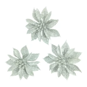 Silver Clip On Poinsettia 3pc 9x4cm
