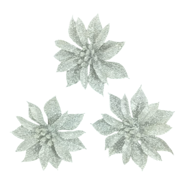 Silver Clip On Poinsettia 3pc 9x4cm